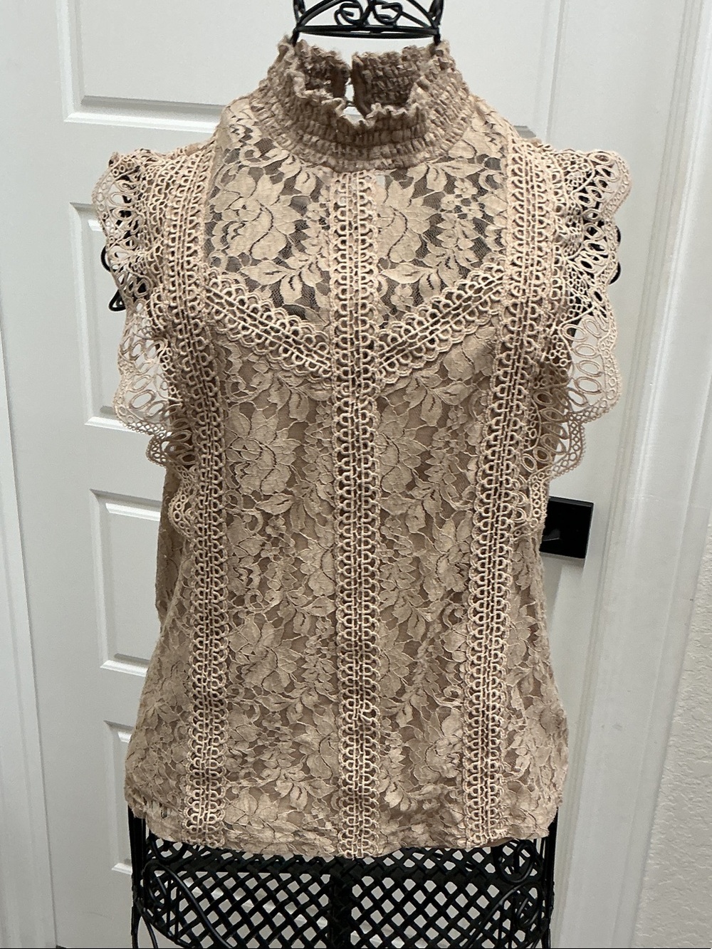 Cable & Gauge Beige Lace High-Neck Sleeveless Blouse
